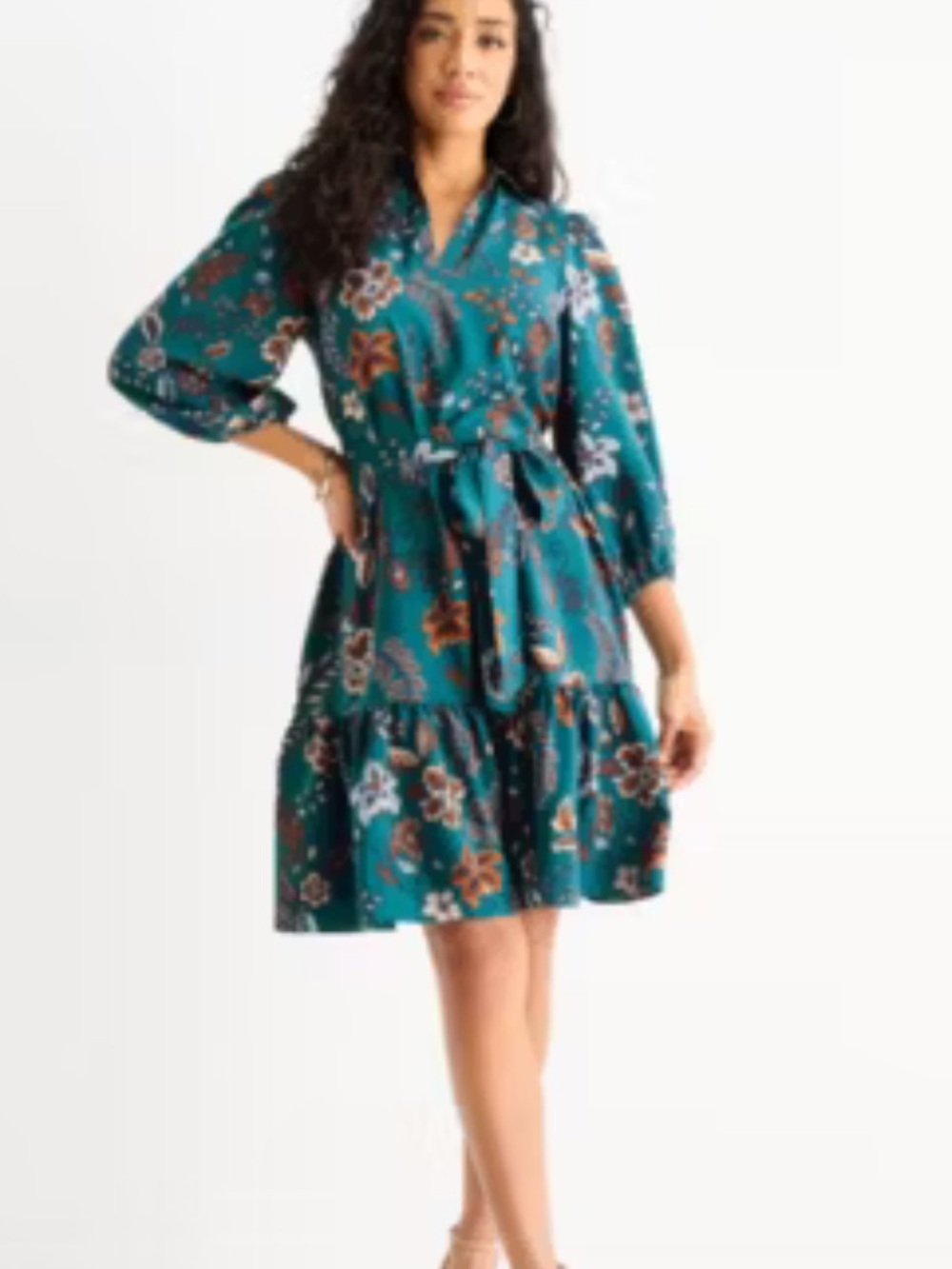 Willow Glenn Teal Autumn Floral Boho Mini Shirt Dress Size 16 Teacher Style